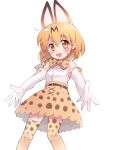  1girl animal_ears bangs blonde_hair blush bow bowtie brown_eyes cowboy_shot elbow_gloves eyebrows_visible_through_hair gloves hair_between_eyes kemono_friends looking_at_viewer open_mouth serval_(kemono_friends) serval_ears serval_print shirt short_hair simple_background skirt sleeveless sleeveless_shirt solo thighhighs white_background xox_xxxxxx 