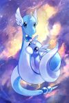  animal_focus artist_name blank_eyes blue_eyes cloud commentary day_walker1117 dragonair dratini english_commentary english_text full_body gen_1_pokemon highres lightning looking_at_viewer no_humans orb outdoors pokemon pokemon_(creature) watermark 