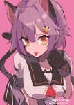  1girl animal_ears bangs black_gloves breasts cat_ears cat_girl cat_tail eyebrows_visible_through_hair gloves hair_between_eyes hair_ornament highres johssnny kantai_collection large_breasts neck_ribbon orange_eyes orange_neckwear paw_pose pink_background pink_hair remodel_(kantai_collection) ribbon short_hair simple_background solo tail tama_(kancolle) tongue tongue_out twitter_username 