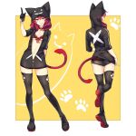  1girl animal_ears animal_hood boots cat_ears cat_girl cat_hood cat_tail collar front-tie_top highres hood hoodie navel open_clothes original paw_print red_eyes red_hair robot_cat short_shorts shorts solo tail thigh_boots thighhighs 