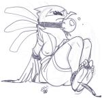  accipitriform aggressive_retsuko anthro avian ball_gag bdsm bird bondage bound eyes_closed feathers female gag hi_res monochrome oddjuice rope rope_bondage sanrio secretary_bird secretary_washimi sitting solo tickling toes_tied 