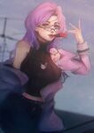  1girl black_pants black_sweater blue_eyes blurry blurry_background commentary english_commentary glasses highres in_mouth instrument jacket kazoo looking_at_viewer mamavale off_shoulder pants pink_jacket purple_hair sleeveless_sweater solo sweater taku_artworks turtleneck turtleneck_sweater v vshojo 