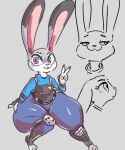  2021 anthro clothed clothing digital_media_(artwork) disney female fur grey_body grey_fur huge_hips huge_thighs judy_hopps kiseff lagomorph leporid looking_at_viewer mammal police_uniform purple_eyes rabbit solo thick_thighs uniform wide_hips zootopia 