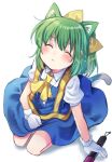  1girl animal_ears ascot bangs blouse blue_dress blush bow cat_ears cat_tail closed_eyes cookie_(touhou) daiyousei diyusi_(cookie) dress eyebrows_visible_through_hair full_body gloves green_hair hair_bow high-visibility_vest kemonomimi_mode looking_at_viewer medium_hair open_mouth pinafore_dress ponytail puffy_short_sleeves puffy_sleeves short_sleeves simple_background sitting solo symbol_commentary tail touhou traffic_baton white_background white_blouse white_gloves xox_xxxxxx yellow_bow yellow_neckwear 