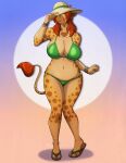  2017 5_fingers amber_eyes anklet anthro big_breasts bikini bikini_bottom bikini_top bracelet breasts brown_body brown_fur clothing conditional_dnp curvy_figure digital_media_(artwork) ear_piercing ear_ring female fingers footwear fur giraffe giraffid gloves_(marking) hair hat headgear headwear hooves horn jewelry kadath leg_markings looking_at_viewer mammal markings multicolored_body multicolored_fur multiple_piercings navel open_mouth ossicone piercing pinup pose puzzle_(kadath) raised_tail red_hair sandals signature simple_background smile socks_(marking) solo spots spots_(marking) spotted_body spotted_fur standing swimwear tan_body tan_fur thick_thighs translucent translucent_hair voluptuous yellow_body yellow_fur 