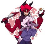  alastor_(hazbin_hotel) anthro blood bodily_fluids bovid breasts caprine cervid claws clothed clothing demon duo fangs female fluffy fluffy_tail fur hair hazbin_hotel hi_res holding_object holding_weapon horn humanoid knife male male/female mammal open_mouth open_smile purple_body purple_fur purple_hair red_eyes red_hair saliva sheep sheep_demon_(hazbin_hotel) simple_background smile strawbewees weapon white_body white_fur white_hair 