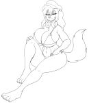  absurd_res anthro big_breasts big_ears bikini breasts canid canine canis clothing domestic_dog female fluffy fluffy_tail hat headgear headphones headphones_around_neck headwear hi_res huge_breasts looking_at_viewer mammal monochrome on_ground ribbons rook_(skidd) sitting sketch skidd solo swimwear 