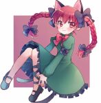  1girl animal_ears bangs black_bow black_footwear blush bow braid cat_ears cat_tail closed_mouth commentary_request dress extra_ears eyebrows_visible_through_hair frilled_dress frilled_sleeves frills full_body green_dress hair_between_eyes hair_bow juliet_sleeves kaenbyou_rin long_hair long_sleeves looking_to_the_side mary_janes multiple_tails nekomata puffy_sleeves red_background red_eyes red_hair shoes simple_background sleeve_bow smile solo tail touhou twin_braids two-tone_background white_background xox_xxxxxx 