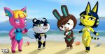  absurd_res animal_crossing ankha_(animal_crossing) anthro beach bikini black_body blonde_hair blue_eyes blue_hair brown_body carmen_(animal_crossing) cervid clothing domestic_cat felid feline felis female fuchsia_(animal_crossing) group hair hi_res jackintaro lagomorph leporid mammal nintendo orange_eyes pink_body rabbit rodent sand sciurid sea seaside swimwear tasha_(animal_crossing) video_games water yellow_body 