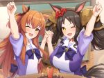  2girls ;d animal_ears arm_up breasts brown_hair carrot commentary_request fang fou_zi hairband holding_hands horse_ears horse_girl huge_breasts interlocked_fingers long_hair looking_at_viewer marvelous_sunday_(umamusume) mayano_top_gun_(umamusume) multiple_girls one_eye_closed open_mouth orange_hair red_hairband school_uniform short_hair skin_fang smile twintails umamusume yellow_eyes 