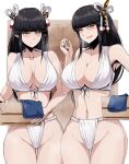  2girls bangs black_hair blunt_bangs blush breasts fundoshi hair_ornament highres hinoa japanese_clothes large_breasts long_hair looking_at_viewer minoto monster_hunter_(series) monster_hunter_rise multiple_girls navel open_mouth pointy_ears sarashi shimure_(460) siblings sideless_outfit sisters smile twins very_long_hair yellow_eyes 