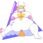  3_toes absurd_res anthro asgore_dreemurr beard belly big_belly big_moobs blonde_beard blonde_hair bovid caprine chest_tuft cross-eyed eyebrows facial_hair feet fur goat hair hand_on_stomach hi_res horn male mammal narrowed_eyes navel nipples overweight overweight_anthro overweight_male pawpads pink_nipples pink_pawpads rookitanuki simple_background sitting solo thick_thighs toes tongue tongue_out tuft undertale video_games white_body white_fur 