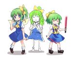  3girls ascot bangs blouse blue_dress blush bow brown_footwear closed_eyes closed_mouth colored_skin commentary_request cookie_(touhou) daiyousei diyusi_(cookie) dress eyebrows_visible_through_hair fairy_wings full_body green_hair hair_between_eyes hair_bow high-visibility_vest holding looking_at_another looking_to_the_side medium_hair multiple_girls open_mouth parody pinafore_dress ponytail puffy_short_sleeves puffy_sleeves shoes short_sleeves side_ponytail simple_background sketch smile socks style_parody touhou traffic_baton white_background white_blouse white_legwear white_skin wings xox_xxxxxx yellow_bow yellow_neckwear 