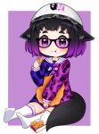  1girl absurdres animal_ears beanie chicken_nuggets eating glasses hat highres holding holding_pillow pillow simple_background socks tail vozmad 