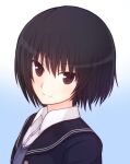  1girl amagami bangs black_hair black_jacket blazer buttons closed_mouth collared_shirt disconnected_mouth dress_shirt eyebrows_visible_through_hair facing_away gradient gradient_background grey_sweater_vest hair_between_eyes jacket kibito_high_school_uniform looking_at_viewer nanasaki_ai open_blazer open_clothes open_jacket pink_eyes school_uniform shirt short_hair smile solo suta_(clusta) sweater_vest tsurime unbuttoned upper_body white_shirt 