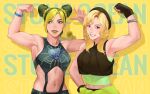  2girls bangs black_hair blonde_hair blue_eyes blue_hair blunt_bangs blush braid brooch cao_hong_anh double_bun fairouz_ai green_eyes green_hair hair_cones halter_top halterneck highres jewelry jojo_no_kimyou_na_bouken kujo_jolyne lipstick looking_at_viewer makeup midriff multicolored_hair multiple_girls navel_piercing piercing ponytail real_life seiyuu_connection stone_ocean tattoo two-tone_hair 