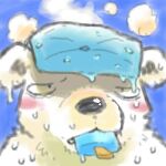  anthro biped black_nose blush bodily_fluids food fur kemono low_res mammal outside polar_bear popsicle popsicle_melting solo sweat ursid ursine utsuki_maito white_body white_fur 