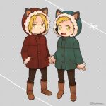  2boys alphonse_elric animal_ears arm_at_side bangs blonde_hair boots brothers brown_footwear brown_pants cat_ears child closed_mouth coat dot_nose edward_elric fake_animal_ears full_body fullmetal_alchemist fur-trimmed_coat fur-trimmed_hood fur_boots fur_trim green_coat grey_background hand_in_pocket happy harune_(haruneru) holding_hands hood hood_up light_blush looking_at_viewer male_focus multiple_boys open_mouth pants polka_dot polka_dot_background pout red_coat ribbon shiny shiny_hair siblings side-by-side simple_background standing swept_bangs tareme tsurime twitter_username ugg_boots v-shaped_eyebrows yellow_eyes younger 