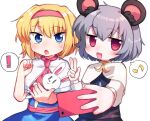  ! 2girls alice_margatroid animal_ears bangs blonde_hair blue_dress blue_eyes blush capelet cookie_(touhou) dress eyebrows_visible_through_hair grey_hair grey_skirt grey_vest hair_between_eyes hairband holding holding_phone ichigo_(cookie) long_sleeves looking_at_viewer mouse_ears multiple_girls musical_note nazrin neckerchief nyon_(cookie) open_mouth phone pink_hairband pink_neckwear pink_sash red_eyes sash selfie short_hair simple_background skirt spoken_exclamation_mark spoken_musical_note stuffed_animal stuffed_bunny stuffed_toy touhou upper_body vest w white_background white_capelet xox_xxxxxx 