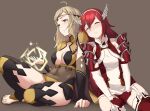  2girls ahoge bangs blonde_hair breasts bushidokuroi caeldori_(fire_emblem) circlet closed_eyes feet fire_emblem fire_emblem_fates grey_eyes hairband long_hair lying_on_person medium_breasts multiple_girls ophelia_(fire_emblem) red_hair smile 