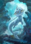  :3 absurdres animal_focus artist_name blank_eyes blue_background blue_eyes blue_theme bubble commentary day_walker1117 english_text full_body gen_1_pokemon happy highres looking_up no_humans open_mouth pokemon pokemon_(creature) signature smile solo swimming underwater vaporeon 