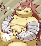  2021 anthro belly blush bodily_fluids brown_body brown_fur eulipotyphlan fur hedgehog hi_res humanoid_hands japanese_text kemono majiro_the_hedgehog male mammal overweight overweight_male sleepy_princess_in_the_demon_castle solo sweat text wanisuke 