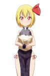  1girl alternate_costume bag baozi bare_arms bare_shoulders blonde_hair cato_(monocatienus) china_dress chinese_clothes commentary_request cowboy_shot dress floral_print food frown hair_ribbon highres holding holding_bag looking_at_viewer panties paper_bag print_dress red_eyes red_ribbon ribbon rumia short_hair side-tie_panties side_slit simple_background sleeveless sleeveless_dress solo steam string_panties touhou underwear white_background wrist_cuffs 