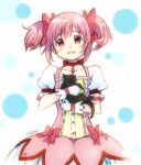  1girl amy_(madoka_magica) animal artist_name bubble_skirt buttons cat choker collarbone dot_nose eyebrows_visible_through_hair flat_chest frills gloves hair_ribbon happy head_tilt holding holding_animal holding_cat jun_(j_u_n0) kaname_madoka light_blush looking_at_viewer mahou_shoujo_madoka_magica parted_lips pink_eyes pink_hair pink_ribbon polka_dot polka_dot_background puffy_short_sleeves puffy_sleeves red_choker red_neckwear red_ribbon ribbon ribbon_choker shiny shiny_hair short_sleeves short_twintails simple_background skirt smile solo soul_gem tareme twintails white_background white_gloves white_skirt 