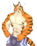  abs anthro biceps blue_eyes bottomwear captainjohkid clothing felid fur hi_res male mammal muscular muscular_anthro muscular_male pantherine pecs simple_background solo stripes tiger 