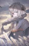  1girl aky_ami animal_ears bangs blue_eyes blush braid cloud day grey_hair jewelry long_hair looking_at_viewer necklace original outdoors sky solo standing tassel wheat wheat_field 
