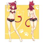  1girl animal_ears bare_shoulders boots breasts cat_ears cat_girl cat_tail collar covered_nipples front-tie_top highres navel original paw_print red_eyes red_hair robot_cat short_shorts shorts small_breasts solo tail 