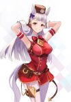  absurdres animal_ears armpits arms_behind_head arms_up breasts dress ema_(kuguiema) feet_out_of_frame gold_ship_(umamusume) hair_ribbon hat highres horse_ears horse_tail large_breasts long_hair red_dress ribbon tail umamusume white_hair white_legwear 
