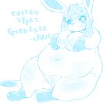  2020 areola belly breasts eeveelution female glaceon hi_res long_ears looking_at_viewer navel nintendo overweight pok&eacute;mon pok&eacute;mon_(species) simple_background solo stnc5511 text translated video_games 