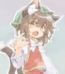  1girl animal_ears bow bowtie brown_hair cat_day cat_ears cat_tail chen chinese_clothes fang green_headwear hat long_sleeves looking_at_viewer mob_cap multiple_tails nekoguruma nekomata open_mouth red_vest shirt short_hair simple_background solo tail touhou upper_body vest white_shirt 