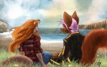  absurd_res aerosaur83 anthro beach canid canine canis cellan_(species) clothing duo female fox hair hariett_evell_(character) hi_res hybrid learning_the_mirrors lutrine male male/female mammal mustelid pink_hair red_hair seaside tenshi_foern uniform wolf 