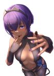  1girl announ_(kurotya) bangs bare_shoulders belt black_gloves black_hairband black_leotard blush breasts center_opening chocolate chocolate_on_fingers commentary_request dark_skin dark_skinned_female eyebrows_visible_through_hair fate/grand_order fate/prototype fate/prototype:_fragments_of_blue_and_silver fate_(series) finger_licking fingerless_gloves fingernails flower gloves hair_between_eyes hairband hassan_of_serenity_(fate) highres leggings leotard licking looking_at_viewer medium_breasts navel one_eye_closed open_mouth purple_eyes purple_hair purple_nails short_hair simple_background solo white_background 