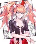  1girl black_bra black_shirt bow bra breasts bunny_hair_ornament cleavage closed_mouth collarbone cosplay danganronpa:_trigger_happy_havoc danganronpa_(series) enoshima_junko enoshima_junko_(cosplay) framed freckles grey_eyes hair_bow hair_ornament hand_tattoo ikusaba_mukuro jewelry long_hair looking_at_viewer medium_breasts miniskirt nail_polish necktie pleated_skirt red_bow red_skirt school_uniform shiny shiny_hair shirt skirt sleeves_rolled_up solo suzumetarou twintails underwear white_bow white_neckwear 