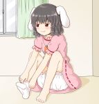  1girl animal_ears bad_feet bangs barefoot black_hair blush bunny_ears carrot_necklace closed_mouth commentary_request curtains dress eyebrows_visible_through_hair flat_chest floppy_ears half-closed_eyes highres inaba_tewi indoors jitome knees_up looking_to_the_side pink_dress puffy_short_sleeves puffy_sleeves red_eyes ribbon-trimmed_dress rozugadena shadow short_hair short_sleeves sitting smile sock_pull solo toenails toes touhou wall white_bloomers white_legwear window 