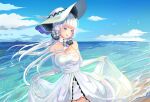  1girl ababarion azur_lane bare_shoulders beach blue_sky breasts cleavage clip_studio_paint_(medium) cloud cowboy_shot detached_collar dress elbow_gloves eyebrows_visible_through_hair garter_straps gloves hair_ornament hair_ribbon hat highres illustrious_(azur_lane) large_breasts long_dress long_hair ocean ribbon sapphire_(gemstone) see-through_dress skirt_hold sky sleeveless sleeveless_dress solo strapless strapless_dress sun_hat very_long_hair water white_dress white_gloves white_hair white_headwear 