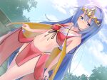  1girl bangs bare_arms bare_shoulders blue_eyes blue_hair blush breasts closed_mouth commentary_request day dutch_angle eyebrows_visible_through_hair front-tie_top hair_between_eyes highres navel nose_blush original outdoors pink_skirt ryogo skirt skirt_hold small_breasts smile solo tiara 