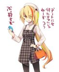  1girl alternate_costume bag beret blonde_hair eyebrows_visible_through_hair eyes_visible_through_hair green_hair hand_on_hip handbag hat holding long_hair multicolored_hair nikaidou_saki odawara_hakone orange_eyes orange_hair pantyhose side_ponytail solo streaked_hair sweater tamagotchi translated turtleneck turtleneck_sweater white_background zombie_land_saga 