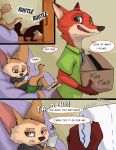 annoyed anthro bean_bag box canid canine comic dialogue diaper disney duo fennec finnick fox hi_res infantilism kuuneho male mammal nick_wilde open_mouth phone red_fox simple_background smile speech_bubble zootopia 