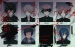  6+boys bandages black_hair blue_hair crossed_out fuji_den_fujiko gakuran hair_over_one_eye looking_to_the_side male_focus mole mole_under_eye multiple_boys original paper red_eyes school_uniform scribble short_hair upper_body white_hair writing yearbook yellow_eyes 