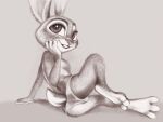  3_toes 4_fingers anthro arm_support breasts buckteeth butt clothed clothing disney feet female fingers fuchs greyscale hand_on_chin hi_res judy_hopps lagomorph leporid lying mammal monochrome on_side panties panties_only presenting presenting_hindquarters rabbit scut_tail side_boob sketch smile soles solo spread_toes teeth toes topless traditional_media_(artwork) underwear underwear_only zootopia 
