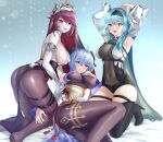 3girls :d ahoge aqua_hair armpits arms_up bangs bare_shoulders black_bodysuit black_legwear blue_hair bodysuit boots breasts commentary covered_nipples detached_sleeves elbow_gloves eula_(genshin_impact) fishnet_legwear fishnets ganyu_(genshin_impact) genshin_impact gloves hairband high_heel_boots high_heels highres horns kneeling large_breasts licking_lips long_hair looking_at_viewer multiple_girls navel open_mouth pantyhose parted_lips pink_hair potetos7 purple_eyes rosaria_(genshin_impact) simple_background smile symbol_commentary tassel thigh_boots thighhighs tongue tongue_out 