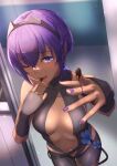 1girl announ_(kurotya) bangs bare_shoulders belt black_gloves black_hairband black_leotard blush breasts center_opening chocolate chocolate_on_fingers commentary_request dark_skin dark_skinned_female eyebrows_visible_through_hair fate/grand_order fate/prototype fate/prototype:_fragments_of_blue_and_silver fate_(series) finger_licking fingerless_gloves fingernails flower gloves hair_between_eyes hairband hassan_of_serenity_(fate) highres indoors leggings leotard licking looking_at_viewer medium_breasts navel one_eye_closed open_mouth purple_eyes purple_hair purple_nails short_hair solo 
