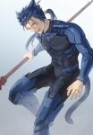  1boy animal_ears armor artist_name bangs black_bodysuit blue_hair bodysuit cat_boy cat_ears cat_tail commentary_request covered_abs covered_navel cu_chulainn_(fate)_(all) earrings fang fate/stay_night fate_(series) foot_out_of_frame gae_bolg_(fate) gradient gradient_background grey_background highres holding holding_weapon jewelry kemonomimi_mode lancer long_hair long_sleeves looking_at_viewer male_focus mondi_hl polearm ponytail red_eyes shoulder_plates smile solo spear tail twitter_username weapon 