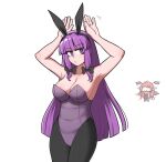  2girls alternate_costume animal_ears armpits arms_up bangs black_bow black_legwear blood blunt_bangs bow breasts bunny_ears chibi chibi_inset cleavage commentary covered_navel expressionless eyebrows_visible_through_hair fake_animal_ears hair_bow hands_up head_wings hidden_face highres koakuma large_breasts leotard long_hair looking_at_viewer mata_(matasoup) multiple_girls nosebleed pantyhose patchouli_knowledge playboy_bunny purple_eyes purple_hair red_hair simple_background strapless strapless_leotard touhou trembling very_long_hair white_background 