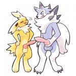  2021 animal_genitalia animal_penis anthro ball_size_difference balls big_penis blush canid canine canine_penis creature0164 duo eeveelution erection genitals hi_res jolteon knot lycanroc male male/male mammal nintendo nude penis penis_size_difference pok&eacute;mon pok&eacute;mon_(species) simple_background video_games white_background 