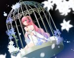  1girl bangs bare_shoulders birdcage blue_eyes blurry blurry_foreground bracer breasts cage collarbone crypton_future_media dress eyebrows_visible_through_hair flower hair_between_eyes hands_clasped headphones highres kneeling long_hair looking_away mamo_(fortune-mm) medium_breasts megurine_luka night night_sky own_hands_together pink_hair sky sleeveless sleeveless_dress solo star_(sky) starry_sky very_long_hair vocaloid white_dress white_flower 